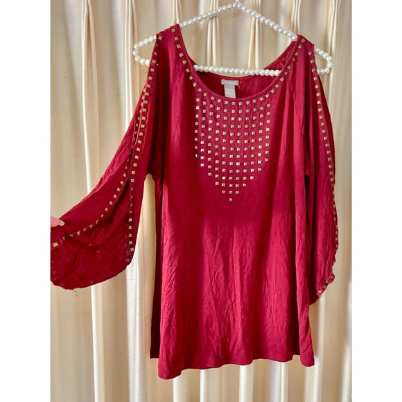 Burgundy Red Women's Cold Shoulder Top with Studded Design L - Picture 1 of 4